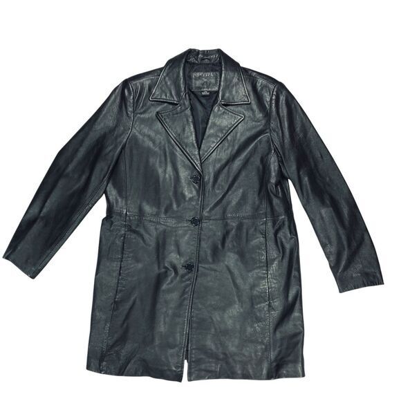 Kathy Ireland Genuine Leather Jacket Womens L Black Single Breasted Classic Coat - Picture 1 of 16